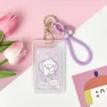 Cute transparent card holder with purple strap and cartoon puppy design for students. - Vertical PP Card Sleeve / Purple Base White Dog + Purple Rubber Keychain