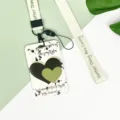 Ins style card holder with lanyard cute green heart pattern ID badge protective case - English Black Green Heart / Keep Happy Long Lanyard