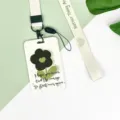 Ins style card holder lanyard set, cute flower pattern id badge holder for daily use. - English Green Leaf Black Flower / Keep Happy Long Lanyard