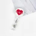 Retractable badge reel with heart ECG design, white ID card holder clip for nurses and doctors. - Red Heart Pulse Style