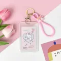 Cute student PP cartoon transparent card holder flip protective cover with pink strap keychain - Vertical PP Card Sleeve / Pink Base White Rabbit + Pink Rubber Keychain