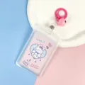 Transparent card holder cute rabbit ID badge protective sleeve with pink bell and strap - Pink Background White Rabbit Paper Card (Red Bell Lobster Clasp)