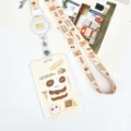 Cute student meal card holder with lanyard keychain cute bear design badge holder neck strap - Light Yellow Bread Dog / Milk Tea Bear Retractable Lanyard (Beige Bear)
