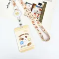 Cute student meal card holder with lanyard, cartoon bear design, ID badge case, neck strap. - Single Bread Dog / Milk Tea Bear Retractable Lanyard (Beige Bear)