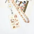 Cute bear bread pattern card holder with lanyard and retractable reel for student id badges. - Snack Bread Dog / Milk Tea Bear Retractable Lanyard (Beige Bear)