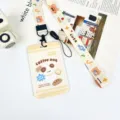 Cute student card holder set with lanyard, adorable coffee dog badge protector for daily use. - Single Bread Dog / Cute Bear Cake Long Lanyard
