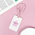 Portatarjetas de cuentas rosas colgante estrella bonito protector de credencial escolar. - Cuadros Blancos Estrellas Rosas (Con Pulsera Rosa De Estrella Carita Sonriente)