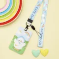 Cute cartoon lanyard card holder student campus meal pass protective cover sliding badge reel. - Blue Hat White Goose / Rainbow Little Goose Long Lanyard