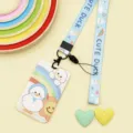 Cute cartoon card holder with lanyard student campus ID card protective sleeve - Rainbow White Goose / Rainbow Little Goose Long Lanyard