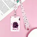 Bonito tarjetero de dibujos animados con cordón para identificación y pase rosa gato. - Gato Negro Abrazando Corazón (Con Cordón Retráctil De Gato Rosa)