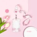 Portatarjetas rígido de plástico transparente con cordón funda protectora para carné - Deslizante Transparente-Caja de Diálogo de Corazón con Líneas + Cordón Largo Extensible Rosa Fresa