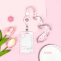 Süßer rosa Kartenhalter mit Umhängeband transparente Ausweishülle Schutzhülle für Studenten - Schiebe Transparent-Sweet Herz Dialogbox + Erdbeere Rosa Ausziehbares Langes Umhängeband