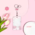 Portatarjetas de identificación de plástico duro rosa con carrete retráctil, funda protectora. - Deslizante Transparente-Caja de Diálogo de Corazón con Líneas + Carrete de Credencial Blanco (Cabeza de Oso Corazón)