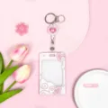 Rosa transparenter Kartenhalter mit einziehbarer Ausweishuelle und Herzmustern. - Schiebe Transparent-Gemustertes Herz Dialogbox + Weißer Ausweisrolle (Herz Bärenkopf)