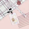 Cute cartoon dog bear ID card holder with matching lanyard for students pink cute style. - Pink Sweetheart Cat + Pink Dessert Long Lanyard