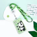 Cute cartoon panda ID card holder set with green lanyard for students and office workers. - Lying Panda And Retractable Long Lanyard