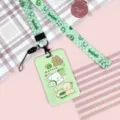 Cute cartoon student card holder set with green matcha puppy and avocado lanyard. - Green Matcha Dog + Plaid Avocado Dog Long Lanyard