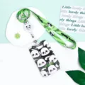 Cute cartoon panda card holder set with green lanyard and retractable badge reel for daily. - All-over Mini Pandas And Retractable Long Lanyard