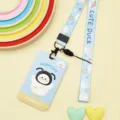 Cute cartoon slide card holder with lanyard for students, lovely blue design and durable case. - Braided White Goose / Rainbow Little Goose Long Lanyard