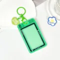Transparent green camera style ID card holder with keychain and cute heart pendant. - Heart Keychain Style / Green
