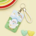 Cute cartoon slide card holder with white braided lanyard and embossed duck design for students. - Blue Hat White Goose / White Cord