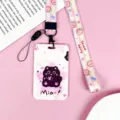 Bonito tarjetero de dibujos animados con cordón rosa y bonito diseño de gato morado - Gato Negro Abrazando Corazón (Con Cordón Largo De Fresa Rayado)