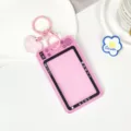 Pink camera style transparent student ID bus card holder with cute heart keychain. - Heart Keychain Style / Pink