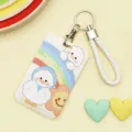 Cute cartoon sliding card holder with wrist strap, perfect for student ID and campus cards. - Rainbow White Goose / White Cord