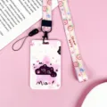 Bonito tarjetero de dibujos animados con cordón, adorable diseño de gato morado para tarjetas. - Gato Negro Levantando Mano (Con Cordón Largo De Fresa Rayado)
