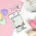 Cute claw machine pattern ID card holder with keychain and heart pendant accessory. - White Grid Game Console with White Heart Keychain