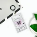 Transparent card holder with cute butterfly design and keychain for student ID and cards. - Pink Butterfly + Leather Strap Ring