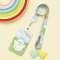 Cute cartoon sliding card holder with lanyard student campus ID badge protective case - Blue Hat White Goose / Rainbow Goose Retractable Long Lanyard (White Goose)