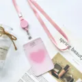 Pink lanyard transparent card holder ID badge holder cute student pass case commuter protective cover - Pink Heart (With Pink Retractable Lanyard)