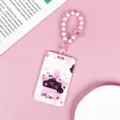Portatarjetas de identificación de gato de dibujos animados rosa con cordón de cuentas chic. - Gato Negro Levantando Mano (Con Pulsera Rosa De Estrella Carita Sonriente)