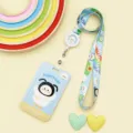 Cute cartoon duck ID card holder with matching lanyard, sliding design, light blue color. - Braided White Goose / Rainbow Goose Retractable Long Lanyard (White Goose)