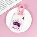 Tarjetero de dibujos animados rosa lindo con cordón en espiral, ideal para funda de identificación. - Gato Negro Levantando Mano (Con Cuerda Resorte Rosa Doble Bucle)
