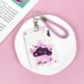 Lindo tarjetero de dibujos animados rosa con correa trenzada para la escuela y oficina. - Gato Negro Levantando Mano (Con Cuerda De Mano Rosa)