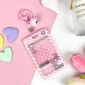 Pink claw machine pattern student ID card holder with cute pink keychain and bell. - Pink Grid Game Console + Pink Bell Lobster Clasp