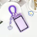Purple camera shaped student ID card holder with purple coil lanyard and cute pendant. - Spring Rope Heart Charm Style / Purple