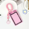 Pink camera shape ID card holder with coil wrist strap cute bus pass protective sleeve - Spring Rope Heart Charm Style / Pink