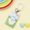 Cute cartoon card holder with spring coil strap and keychain student bus ID protective case - Blue Hat White Goose / White Spring Rope