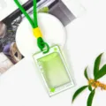 Clear green PS card holder with green lanyard, transparent student ID badge protective cover. - Green Long Braided Rope / Green
