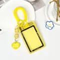 Yellow camera style student card holder with coil lanyard and cute heart charm variant. - Spring Rope Heart Charm Style / Yellow