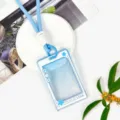 Transparent ID card holder with blue lanyard, clear badge protector for students and office staff. - Blue Long Braided Rope / Blue