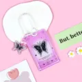 Transparent purple card holder with butterfly and lanyard for students aesthetic ID badges. - Pink Background Black Butterfly / White Spring Rope