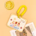 Cute floral student card holder with yellow spiral wrist strap and protective ID badge cover case. - Horizontal-Yellow Frame Flower Bush + Yellow Spring Rope
