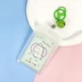Transparent cute cartoon dinosaur ID card holder with green keychain and badge reel. - Green Background Small Dinosaur Paper Card (Green Bell Lobster Clasp)