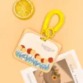 Cute cartoon card holder with spiral strap, ID badge case and protective cover for students. - Horizontal-Yellow Frame Side Flowers + Yellow Spring Rope