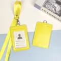Yellow leather badge holder with lanyard, double card slots ID card case for work student. - Yellow Leather Holder + Yellow Hook Long Lanyard