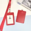 Red leather ID card holder with neck lanyard and dual slots for office and school use. - Red Leather Holder + Red Hook Long Lanyard